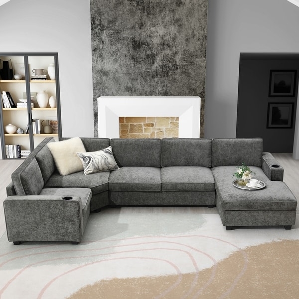Textured U-Shaped Sectional Chaise Integrated Cup Holders Block Feet
