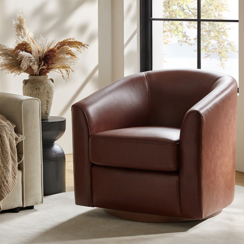Thick Seat Barrel Chair Cognac Leather Swivel Visible Stitching Modern