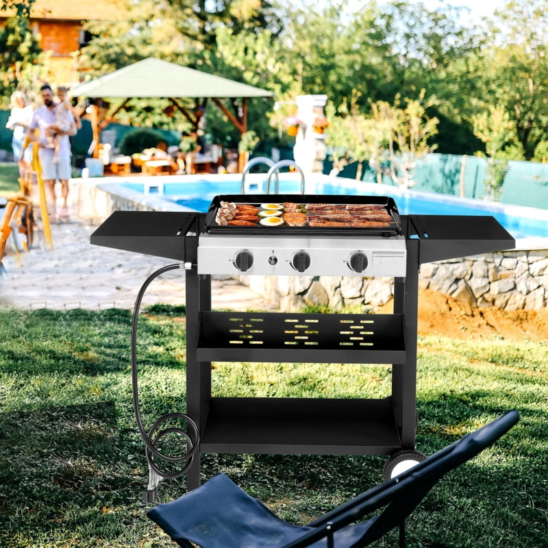 Three Burner Gas Griddle Outdoor Matte Black Metal Mobile Cart