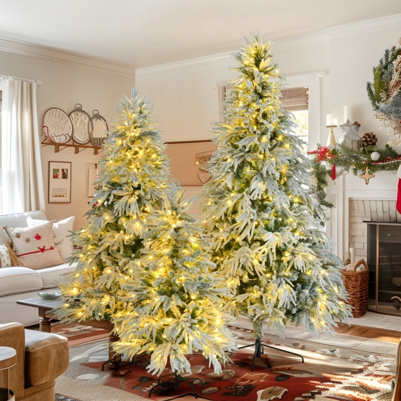 Three-Piece Flocked Spruce Christmas Tree Set with Warm Lights