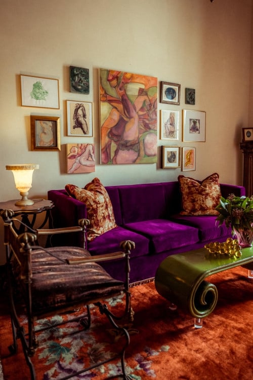Three Seat Sofa in Royal Purple Velvet for Eclectic Maximalism