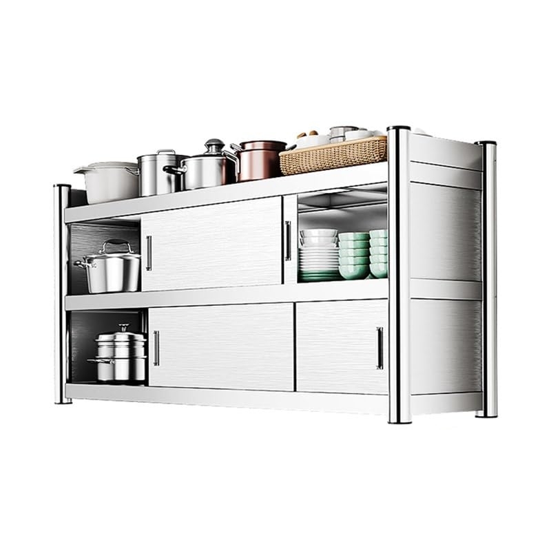 Three-Tier Wall Storage Cabinet with Sliding Doors and Open Top Shelf