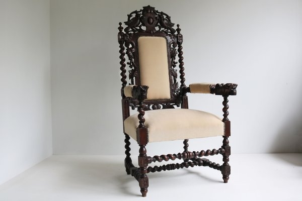 Throne Chair French Renaissance with Lion Head Carved Armrests