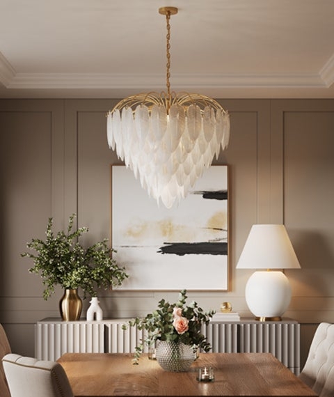 Tiered Feather Chandelier: Leaf Design, Frosted Glass-Like Finish.