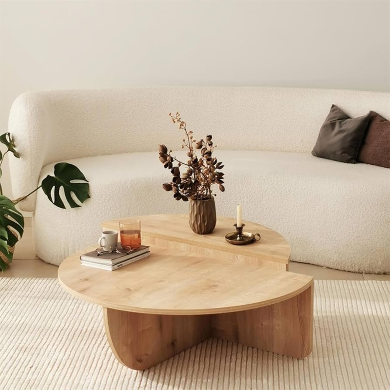 Tiered Light Oak Coffee Table with Semicircular Split Level Base