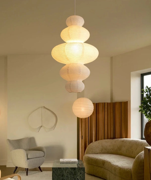 Tiered Rice Paper Pendant Light Sculptural Ribbed Silhouette