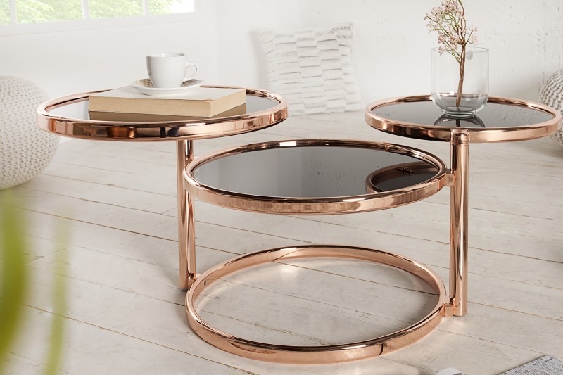 Tiered Rose Gold Coffee Table with Charcoal Glass and Ring Base
