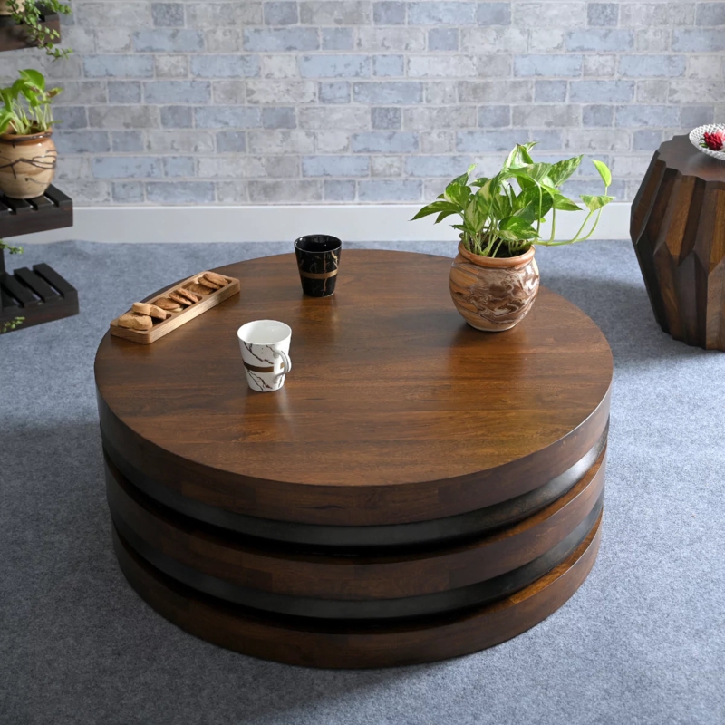Tiered Round Coffee Table Walnut Drum Recessed Stripes