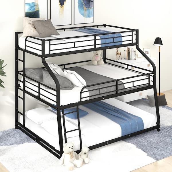 Tiered Triple Bunk Bed Black Metal Twin Full Queen