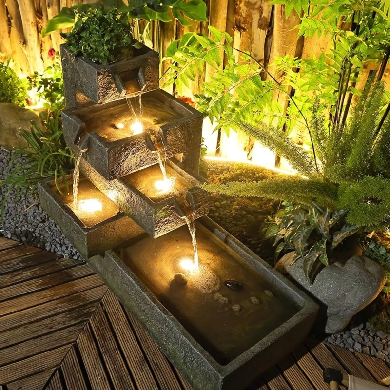 Tiered Water Fountain: Integrated LED Glow for Zen Garden