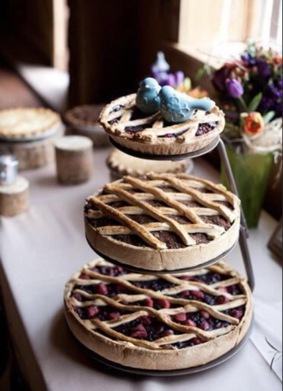 Tiered Wedding Pie Stand, Dark Bronze with Ceramic Bird Toppers