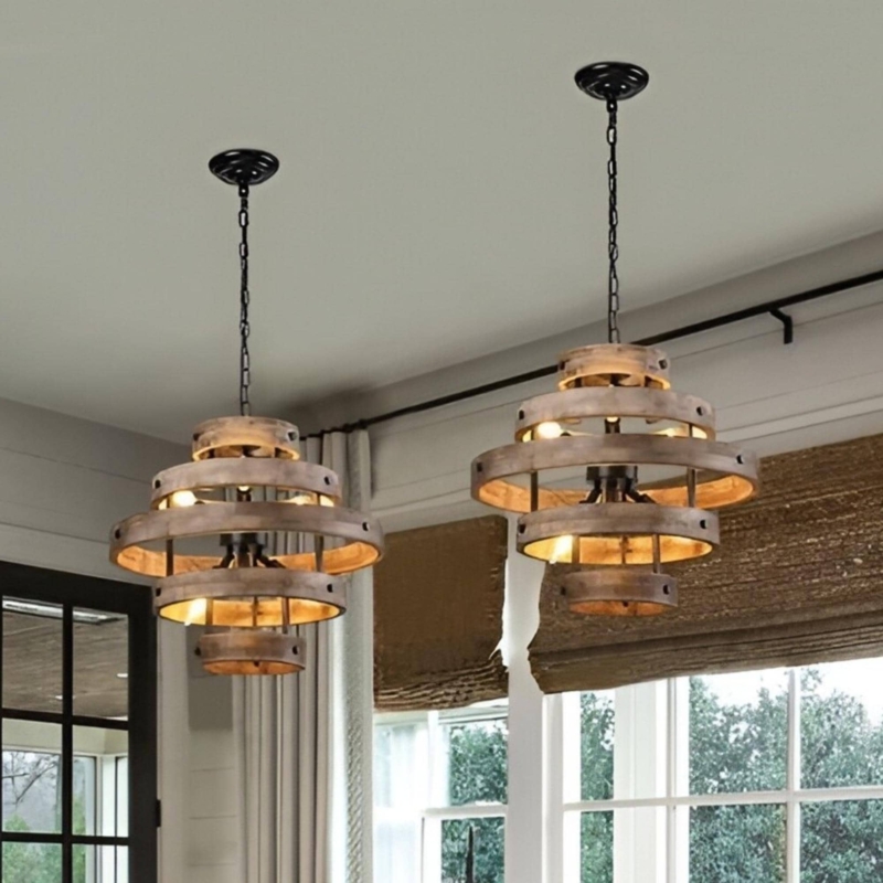 Tiered Wood Hoops Chandelier Rustic Hoop Pendant Light Fixture