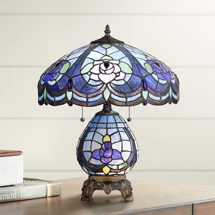 Tiffany Style Lamp Cobalt Blue Floral Pattern Ornate Feet Night Light