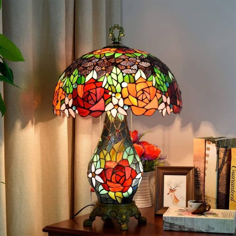 Tiffany Style Lamp Ruby Red Floral Rose Pattern Stained Glass Base