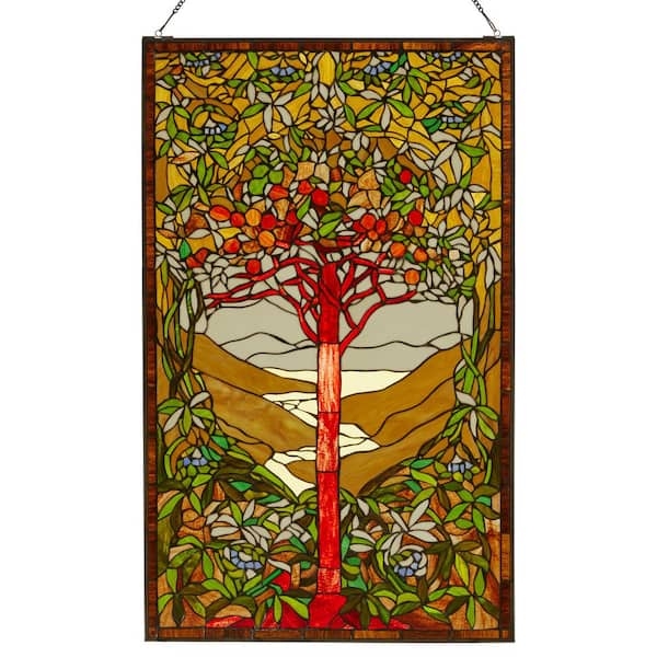 Tiffany Style Panel Tree of Life, Ruby Red Trunk, Leaded.