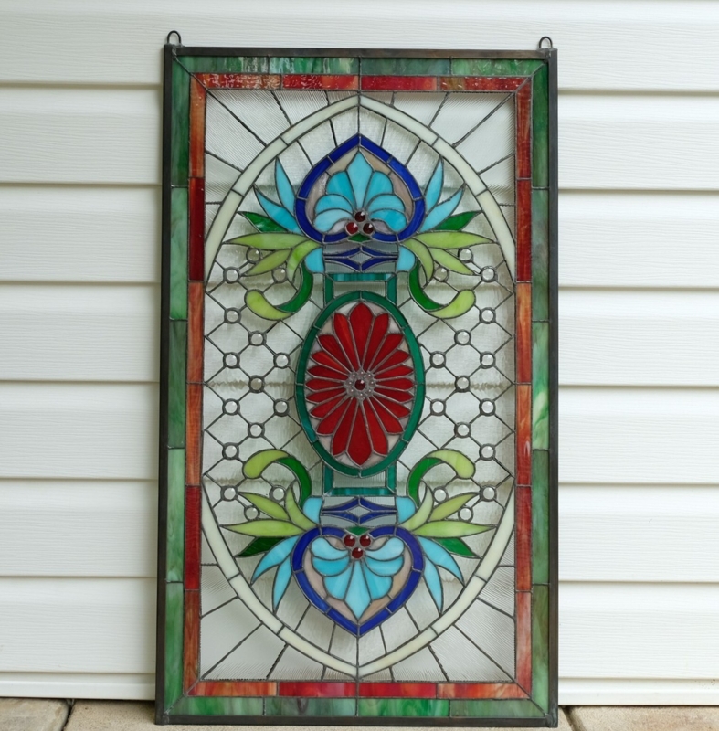 Tiffany Style Stained Glass Panel Variegated Border Jeweled Floral
