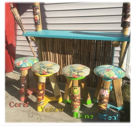 Tiki Bar Stools Hand-Carved with Floral Print Upholstery