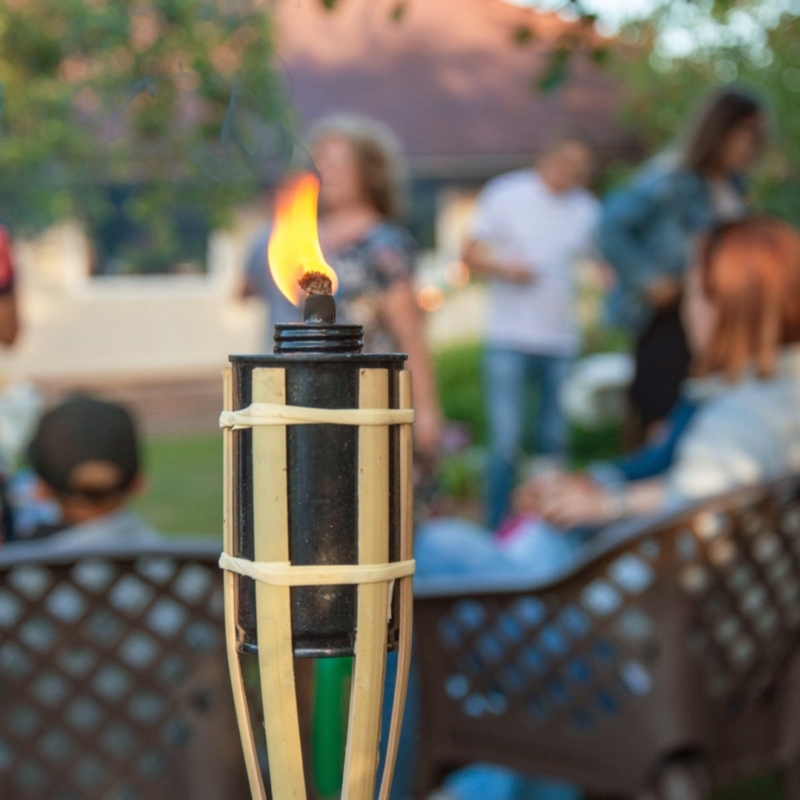 Tiki Torch Natural Bamboo Cage Matte Black Canister Tropical