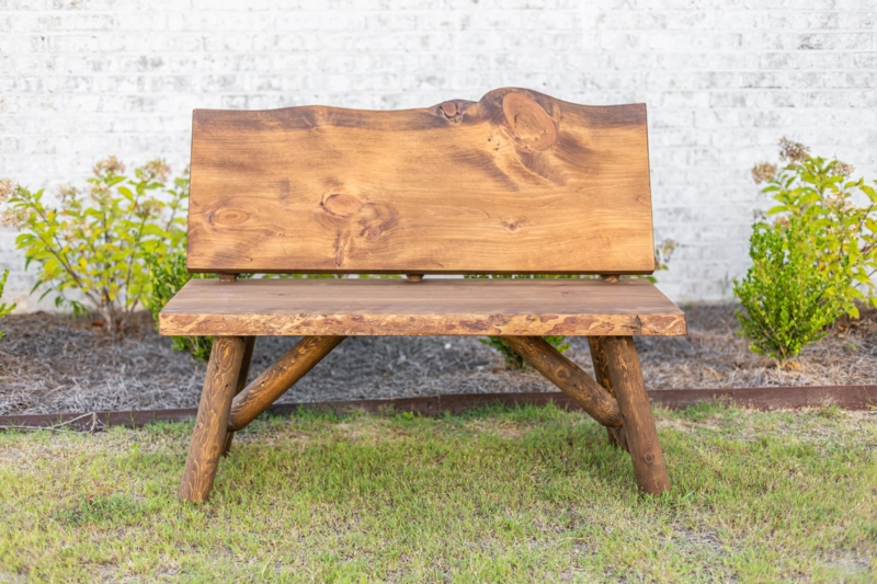 Timber Garden Bench with Cross Bracing and Live Edge Log Legs