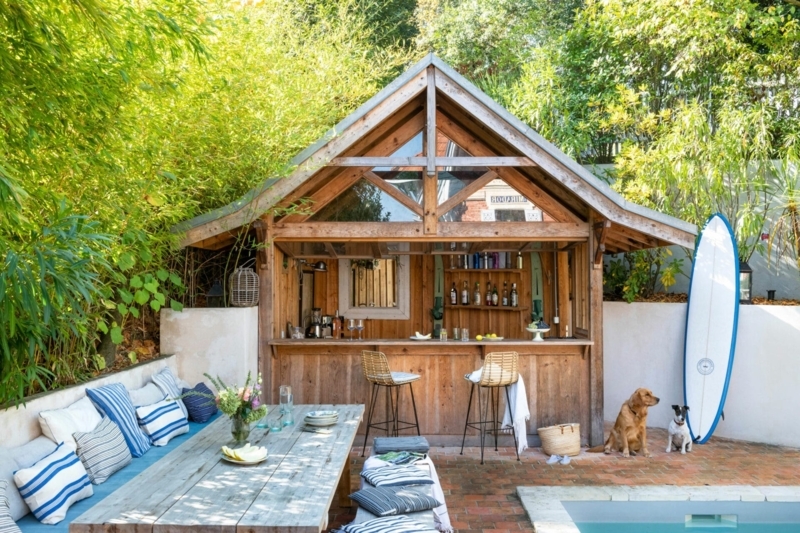 Timber Outdoor Bar with Gabled Roof and Woven Rattan Seating