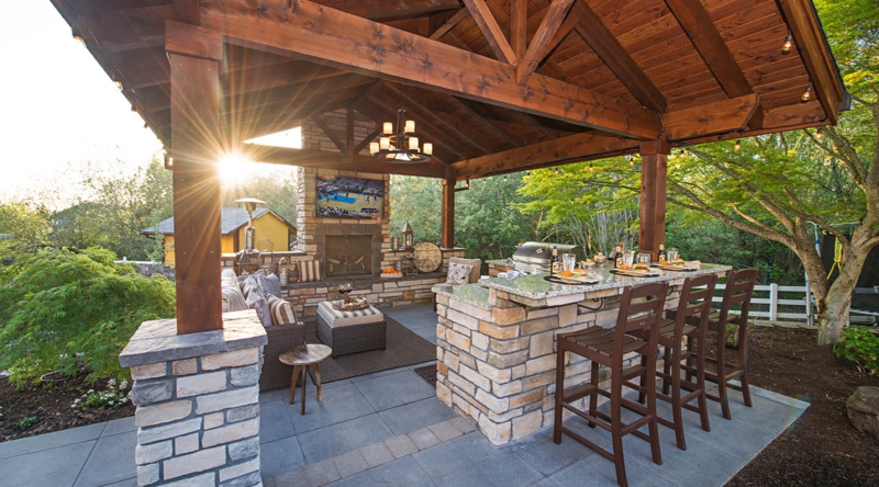 Timber Truss Outdoor Kitchen Bar with Stone Clad Island
