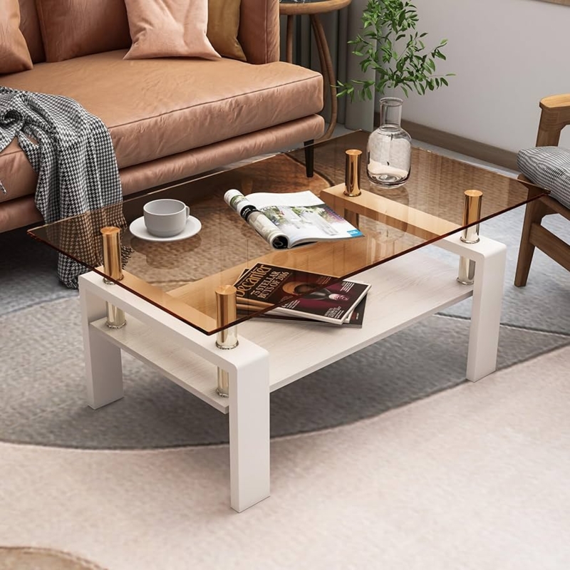 Tinted Glass Coffee Table with Gold Pillars and White Wood Base