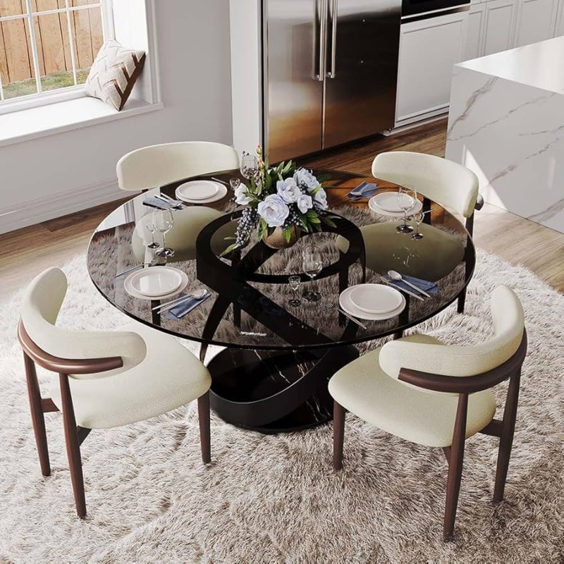 Tinted Glass Top Round Dining Table Black X-Base