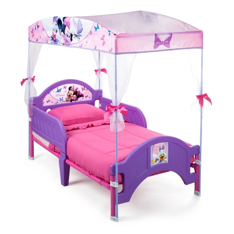 Toddler Canopy Bed with Character Graphics and Ribbon Bows in Purple