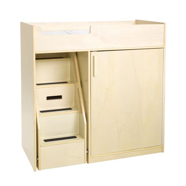Toddler Changing Table, Natural Birch, Integrated Stairs, Safety Rails