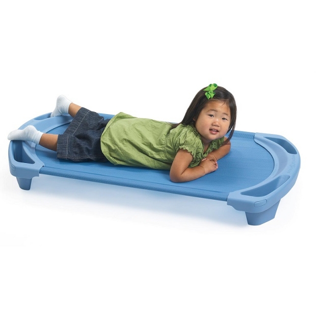 Toddler Cot, Integrated Handles, Wedgewood Blue, Elevated Base.