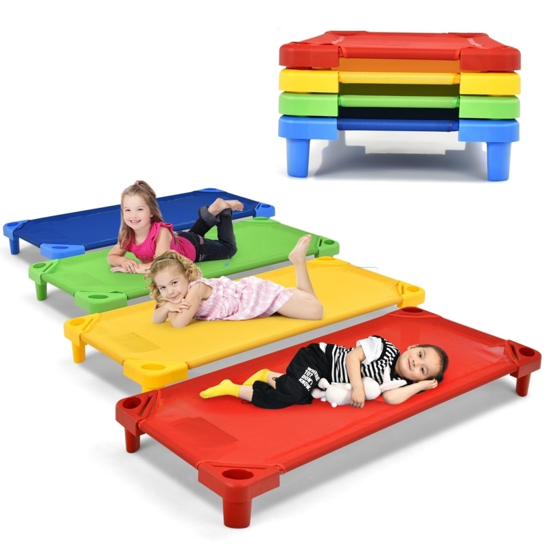 Toddler Cot, Primary Colors, Easy Lift Corners, Stackable Design.