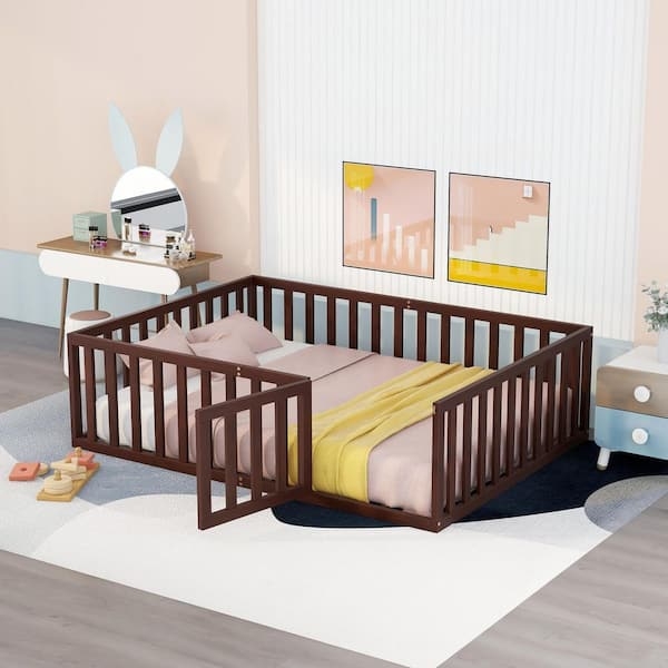 Toddler Floor Bed Montessori Walnut Wood Safety Fence Latching Gate