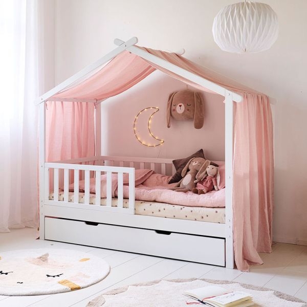 Toddler House Bed Frame with Blush Pink Muslin Cotton Canopy Drape