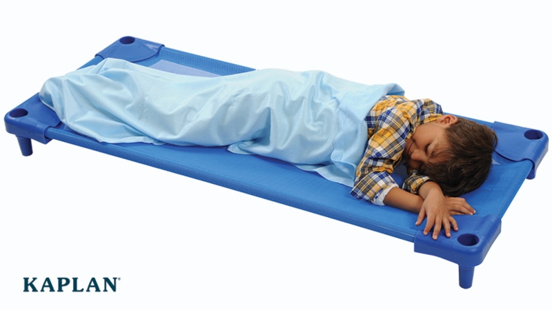 Toddler Nap Cot, Stackable Legs, Royal Blue, Breathable Mesh.