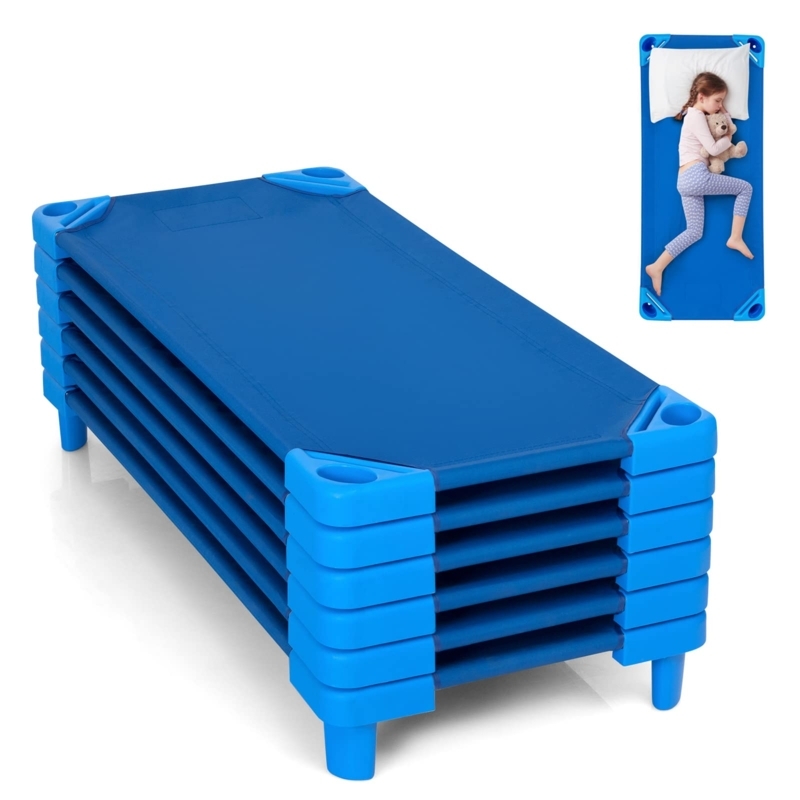 Toddler Nap Cots, Set of Six, Stackable Preschool Nap Cots, Blue.