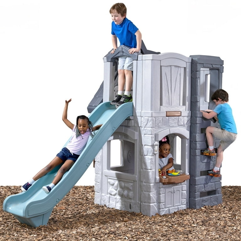 Toddler Playhouse Cottage Style with Faux Stonework, Two-Story & Slide