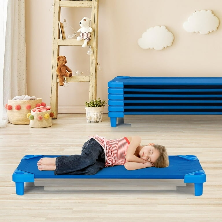 Toddler Rest Cot, Portable Frame, Royal Blue Mesh, Stackable.