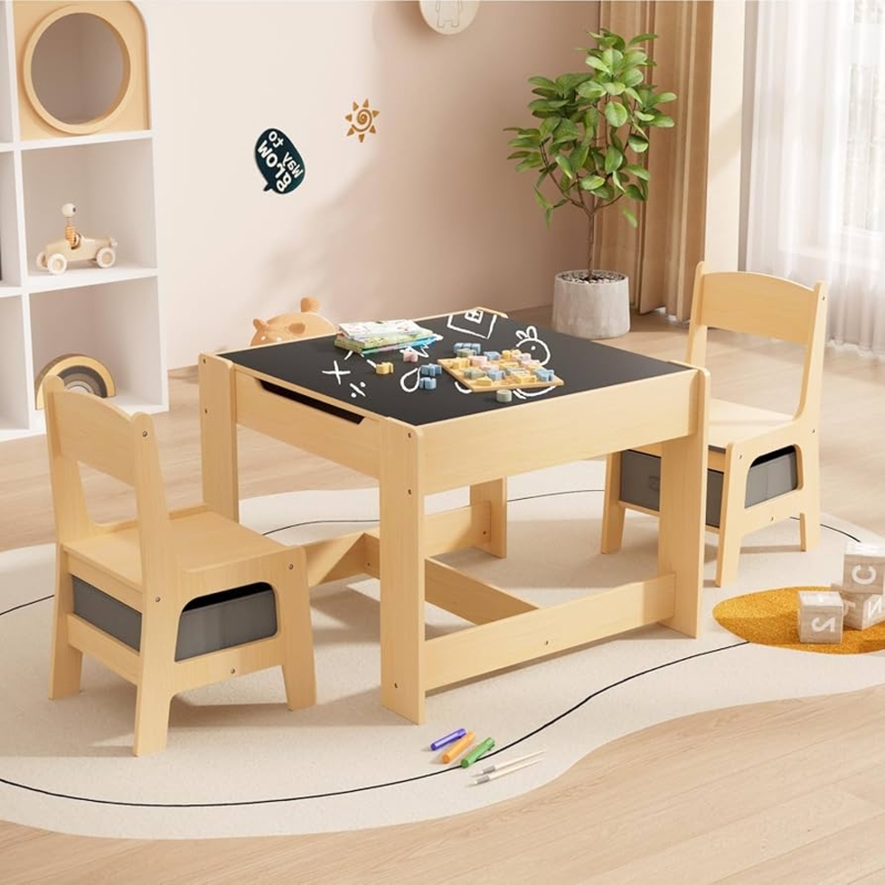 Toddler Table Set with Chalkboard Top and Under Seat Storage