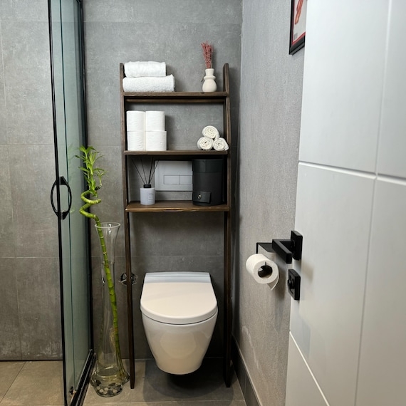 Toilet Ladder Shelf Minimalist Walnut Brown Wood with Open Shelving
