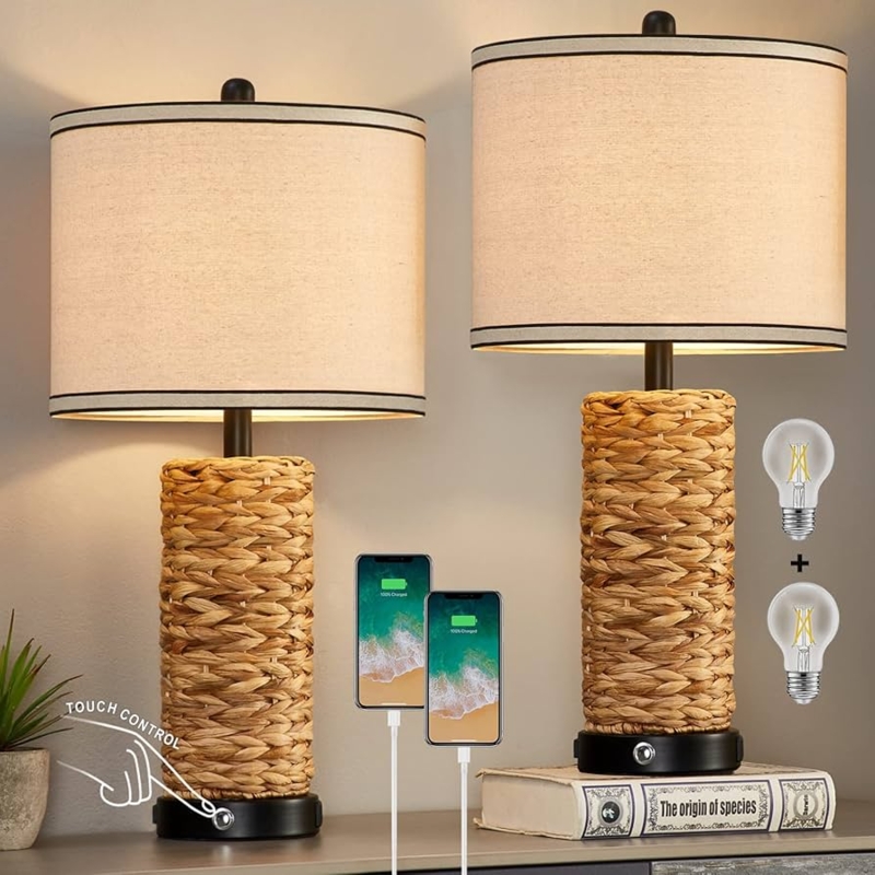 Touch Control Rattan Table Lamp Set with USB Ports and Seagrass Base