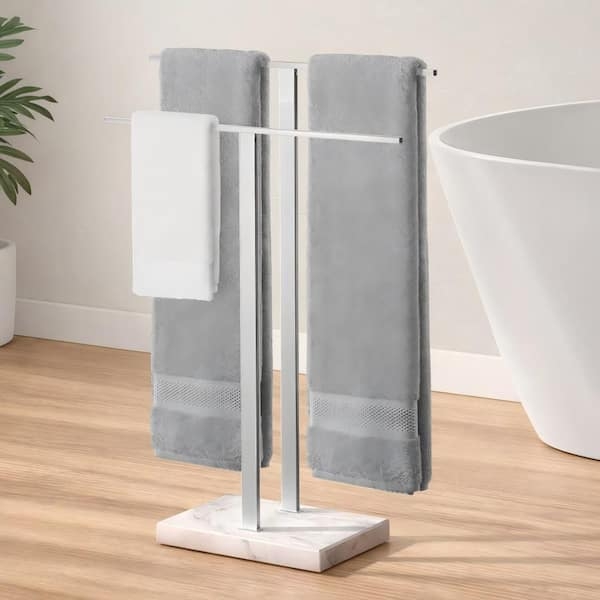Towel Rack Marble Base Two Tier Brushed Nickel Contemporary Freestanding
