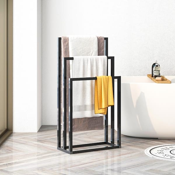 Towel Rack Staggered Heights Three Tier Matte Black Frame Minimalist