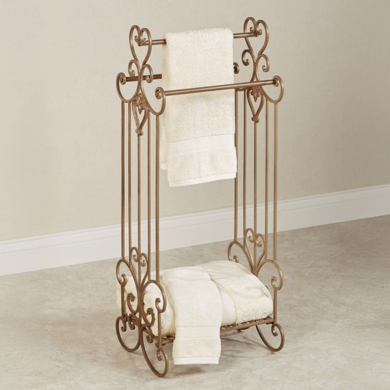 Towel Rack Stand Freestanding Shelf Heart Scrollwork Satin Gold Finish