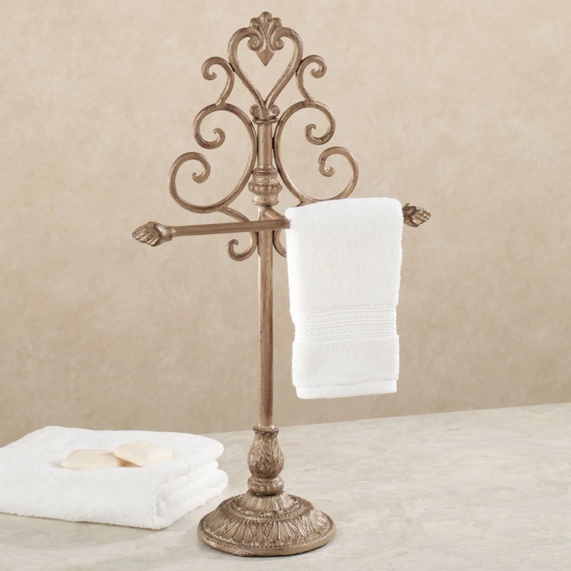 Towel Stand Leaf Motif Base Heart Scrollwork Satin Gold Ornate Holder