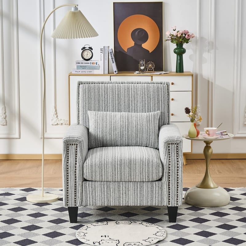 Track Arm Accent Chair, Cool Gray Stripe, Nailhead Trim Modern