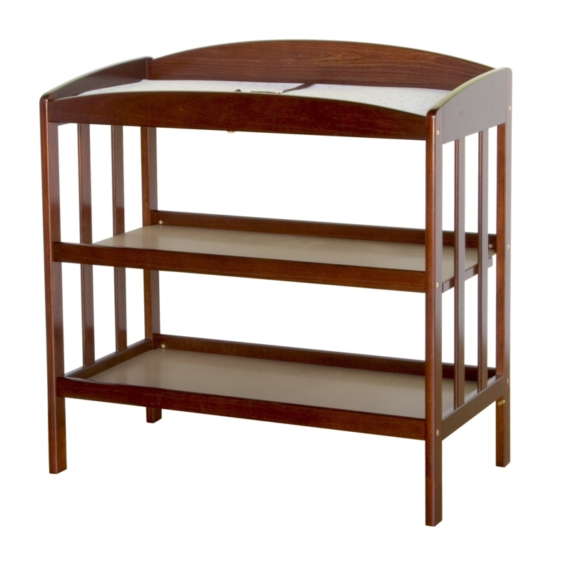 Traditional arched changing table with slatted sides and open shelves