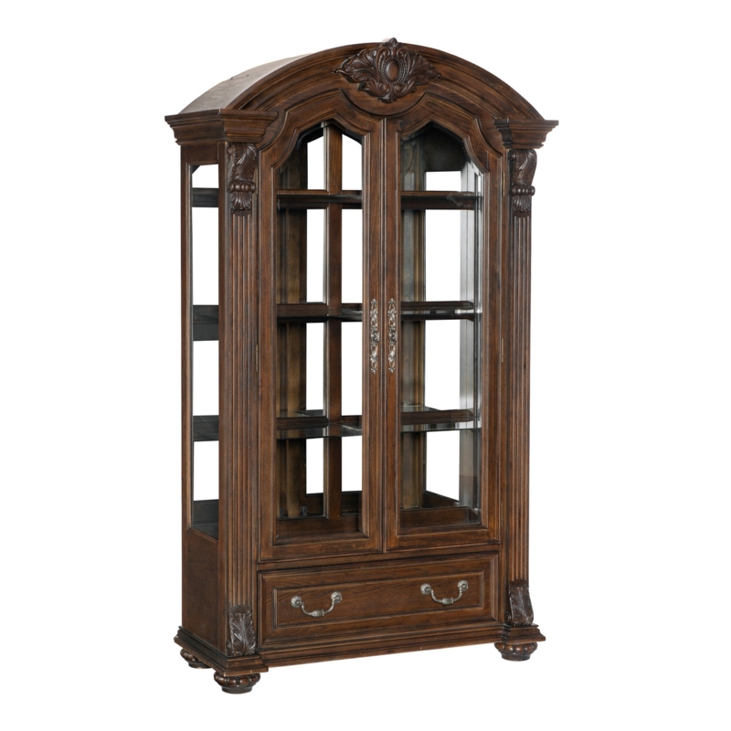 Traditional Arched Curio Fluted Pilasters Carved Crest Bun Feet