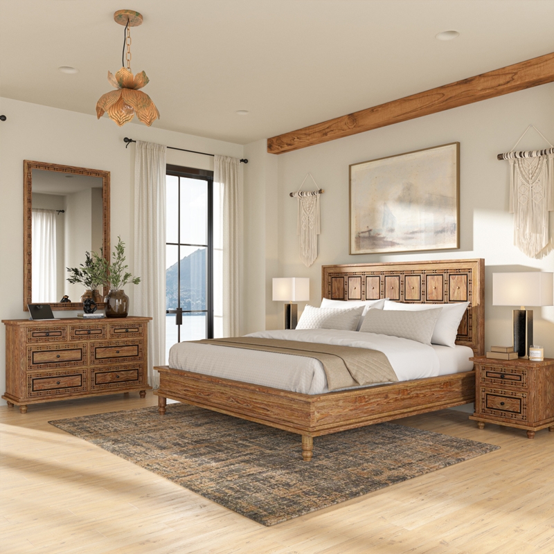 Traditional Bedroom Set Hand-Carved Details Paneled Headboard