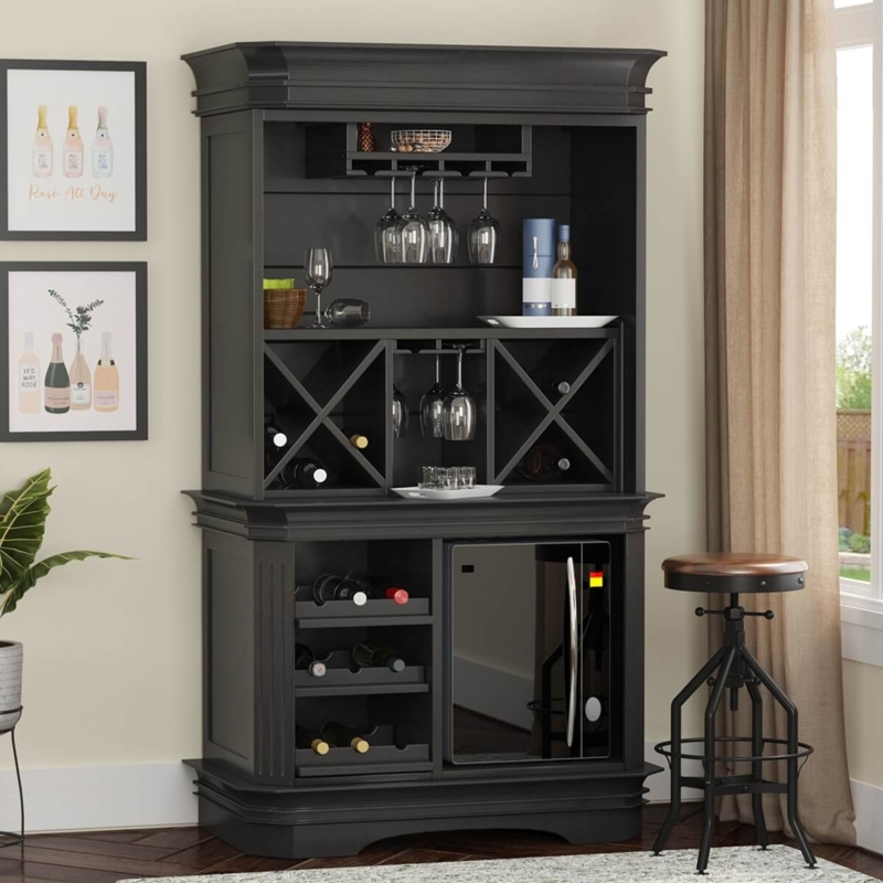 Traditional Black Bar Cabinet Hutch with X-Wine Racks and Fridge Niche