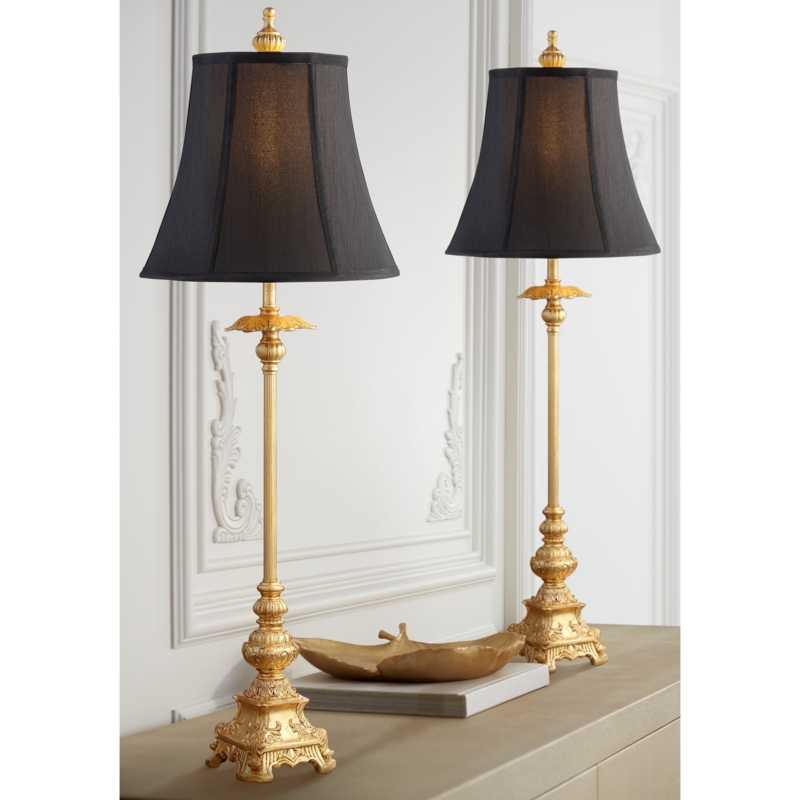 Traditional Buffet Table Lamps: Ornate Gold Base, Black Bell Shade (69 chars)